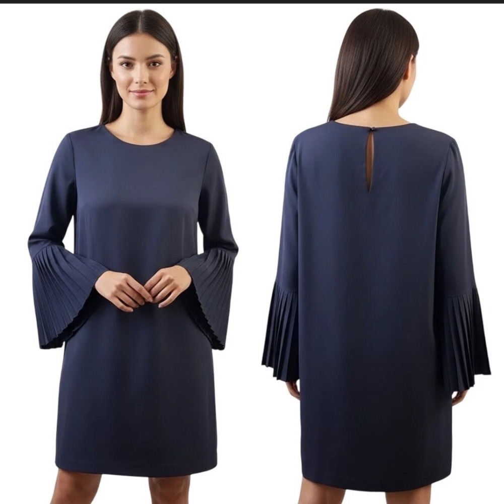 Banana‎ Republic | Woman's Navy Blue Pleated Bell Sleeve Shift Dress, Size 6